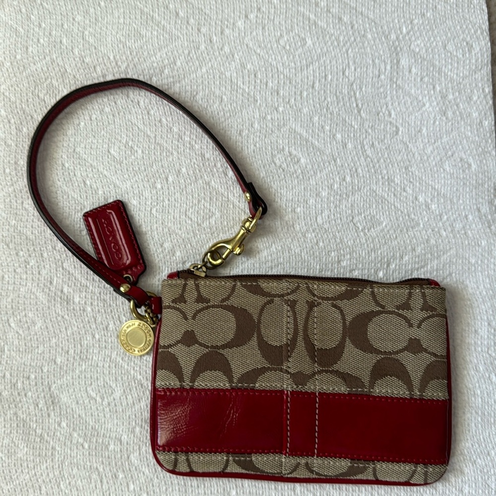 Coach Signature Brown Jacquard Red Patent Leather Wristlet